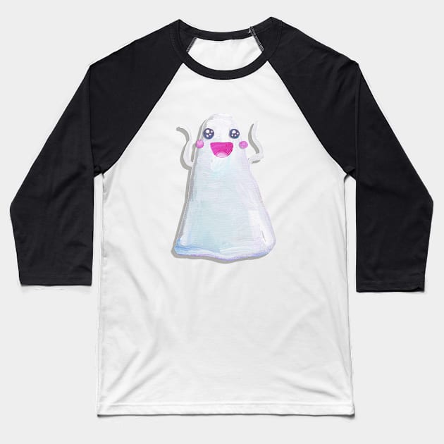 Cute Halloween Kawaii Ghost Pattern on Blue Baseball T-Shirt by RobertPhelpsArt